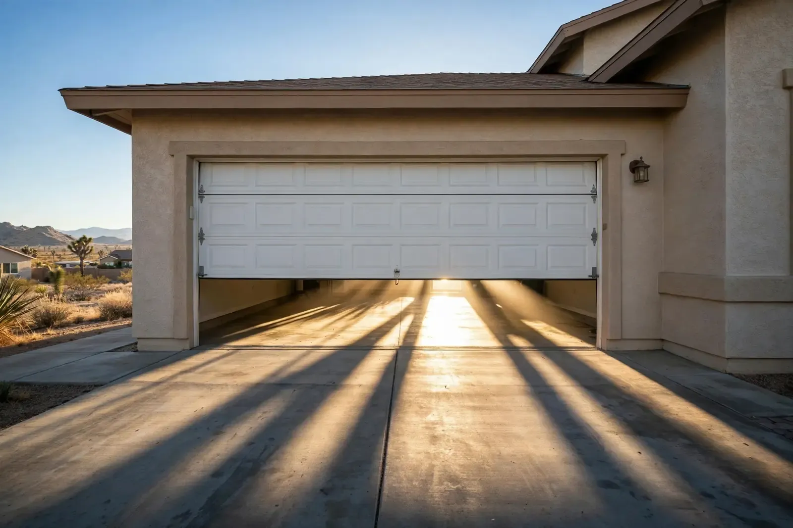 Garage door half open with morning light flooding the driveway
