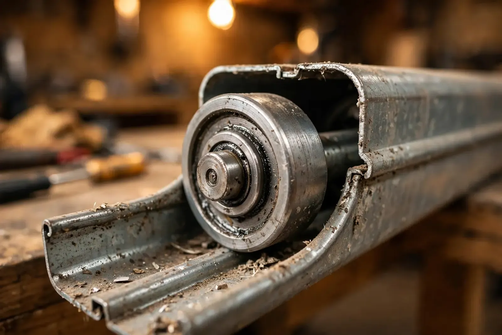 Close-up of a garage door roller wheel in its steel track
